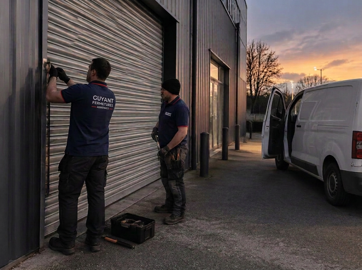 Techniciens en intervention de dépannage sur un rideau métallique