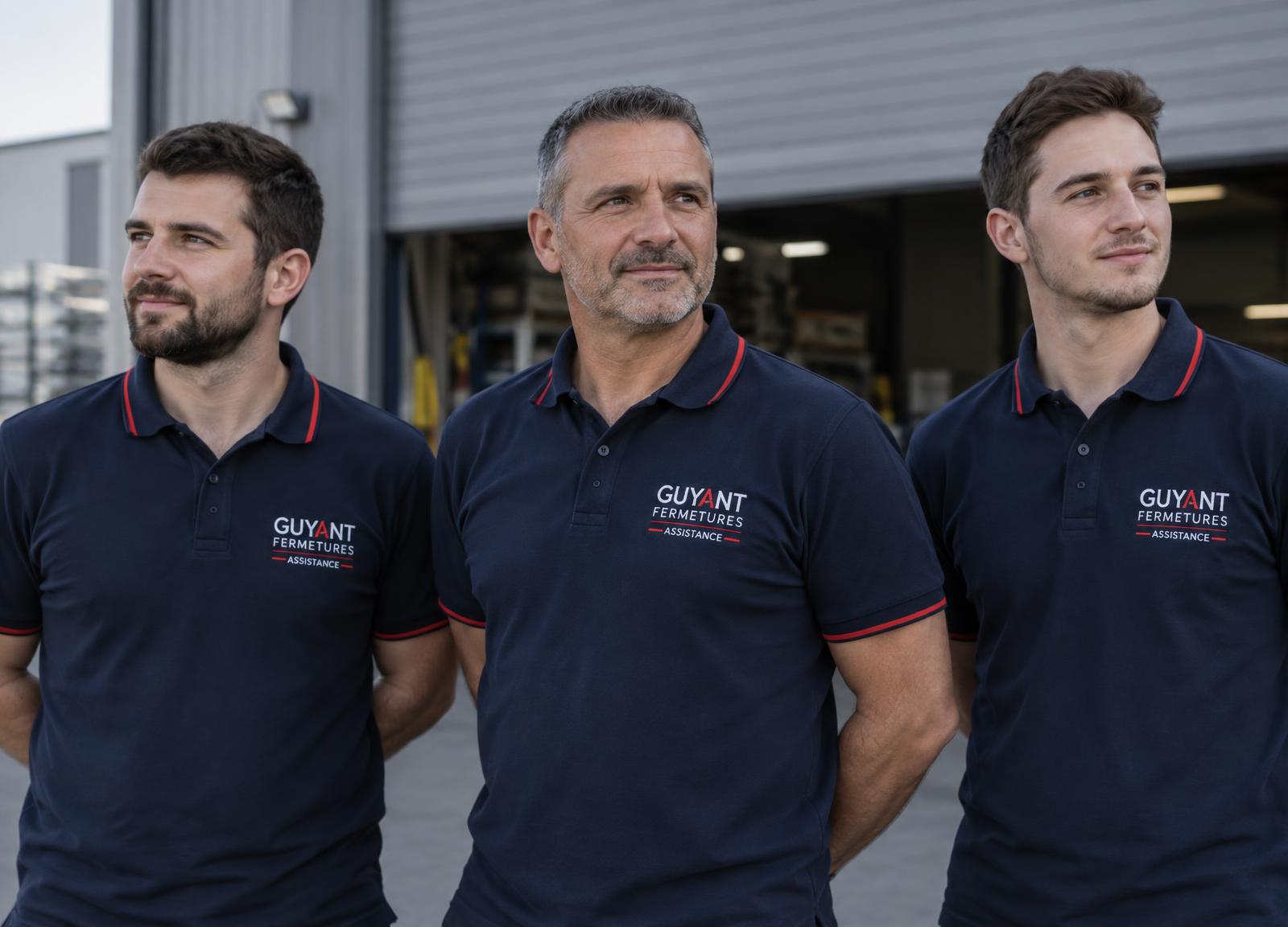 Équipe technique devant l'atelier et un véhicule d'intervention